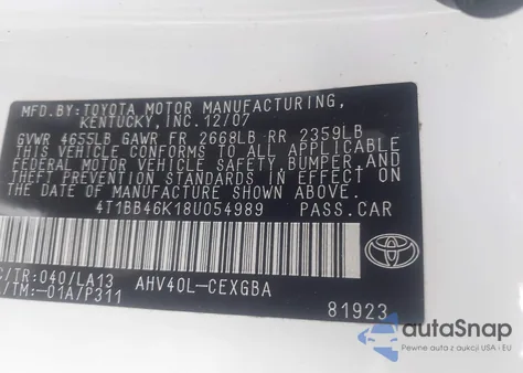 2008 Toyota Camry Hybrid z USA, uszkodzony, nr VIN 4T1BB46K18U054989